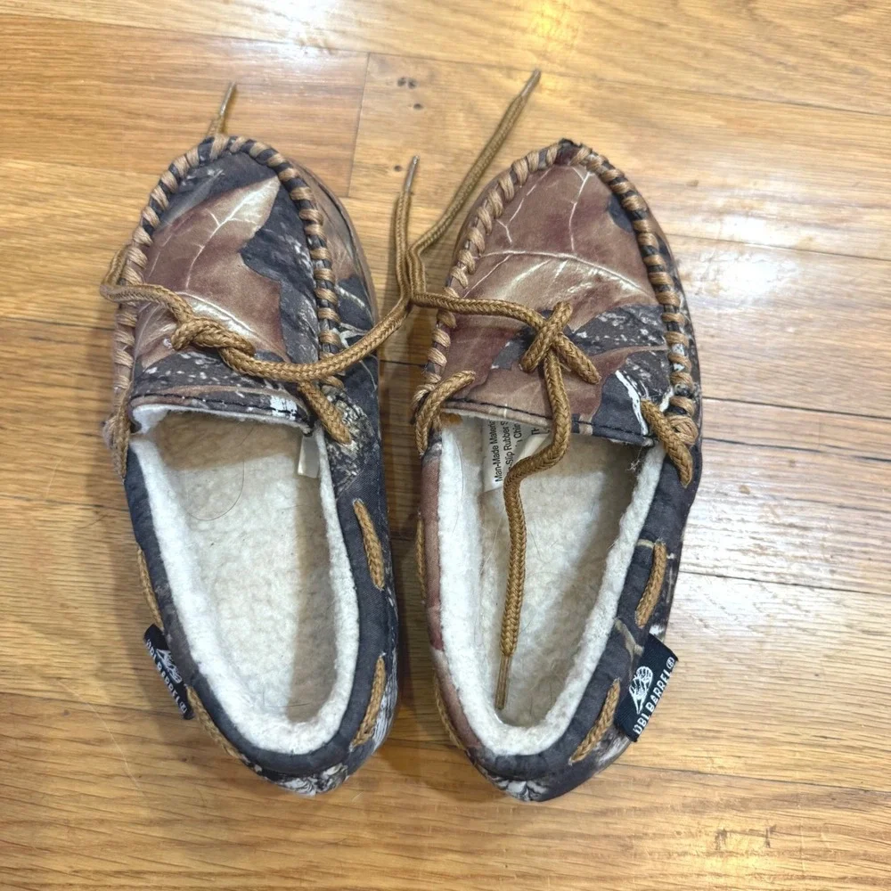 Double Barrel Boys Camo Moccasin Slippers Faux Shearling Lined Brown Size 12/13